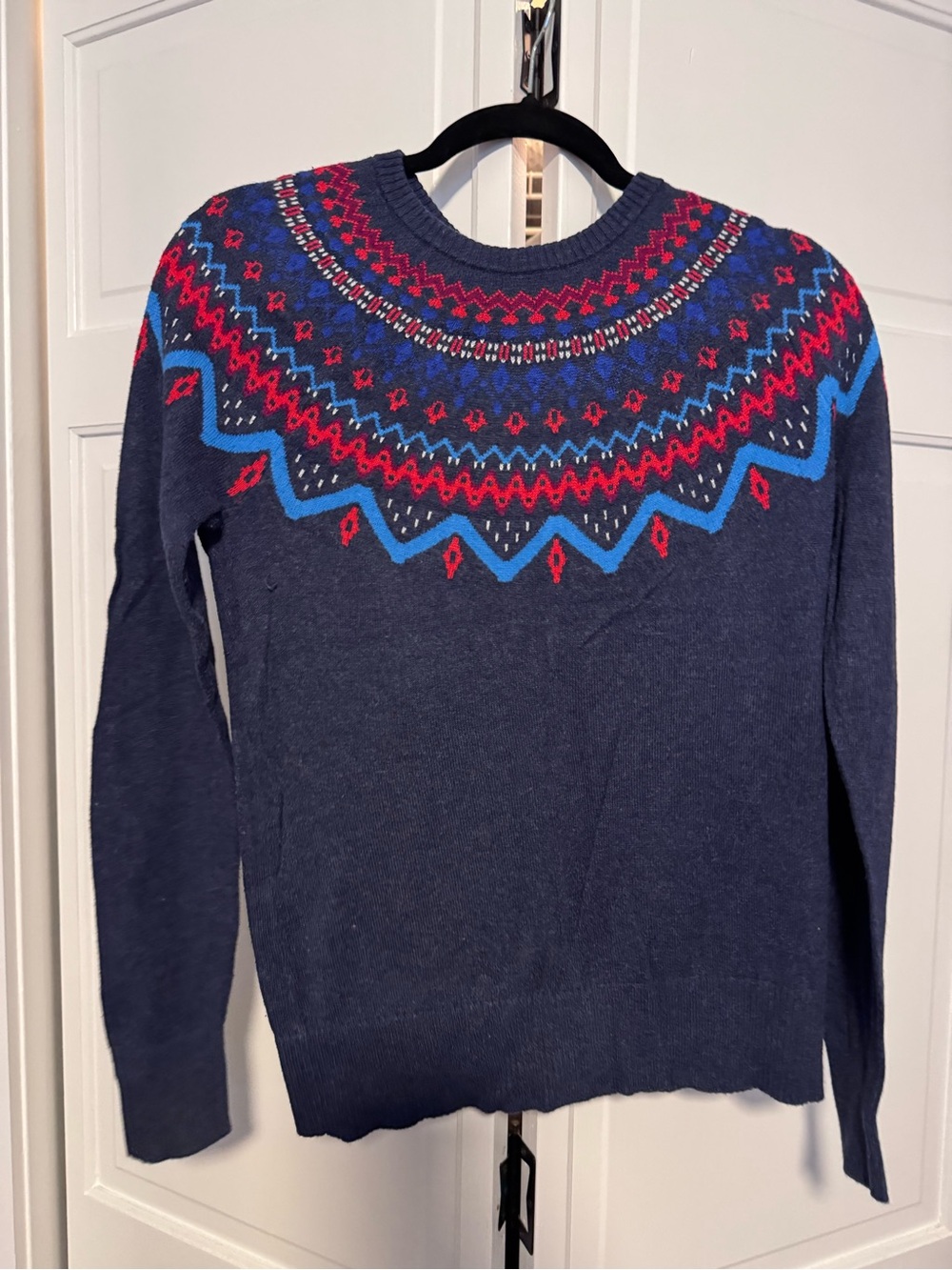Women's Navy Fair Isle Crewneck Sweater with Red & Blue Pattern